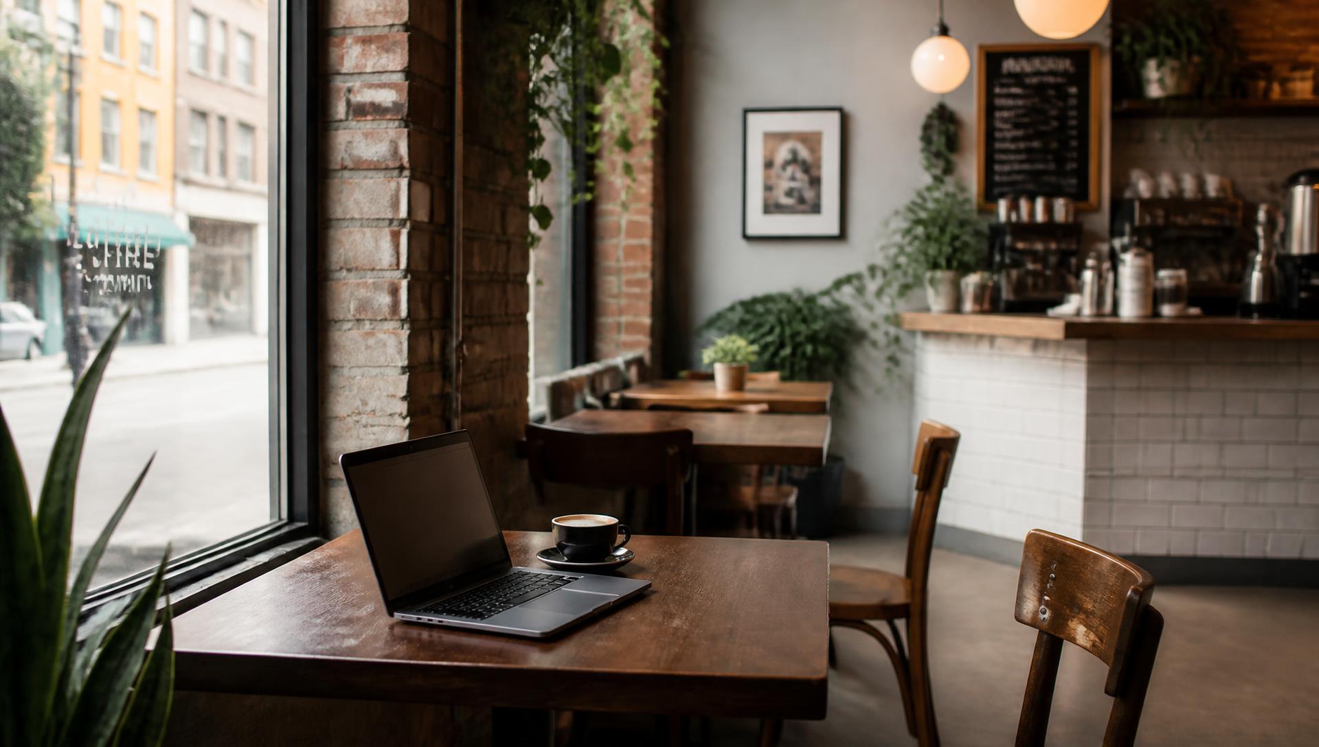 A quiet café table with a laptop and coffee during off-peak hours